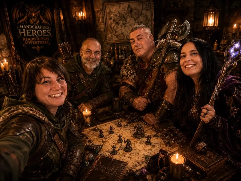 Quattro giocatori con l'armatura dell'fantasy , riuniti attorno a una mappa da tavolo di un dungeon, sorridono mentre giocano a un gioco da tavolo.