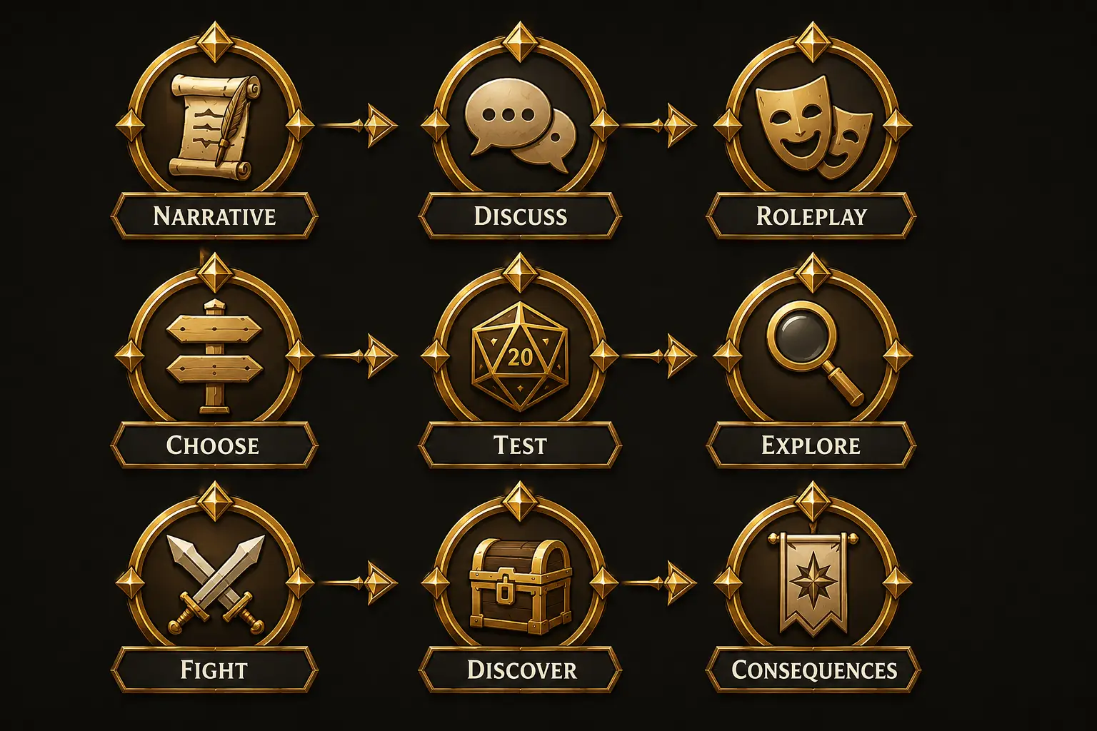 GMless tabletop RPG gameplay flow from narrative and roleplay to choices, tests, exploration, combat, discovery and consequences