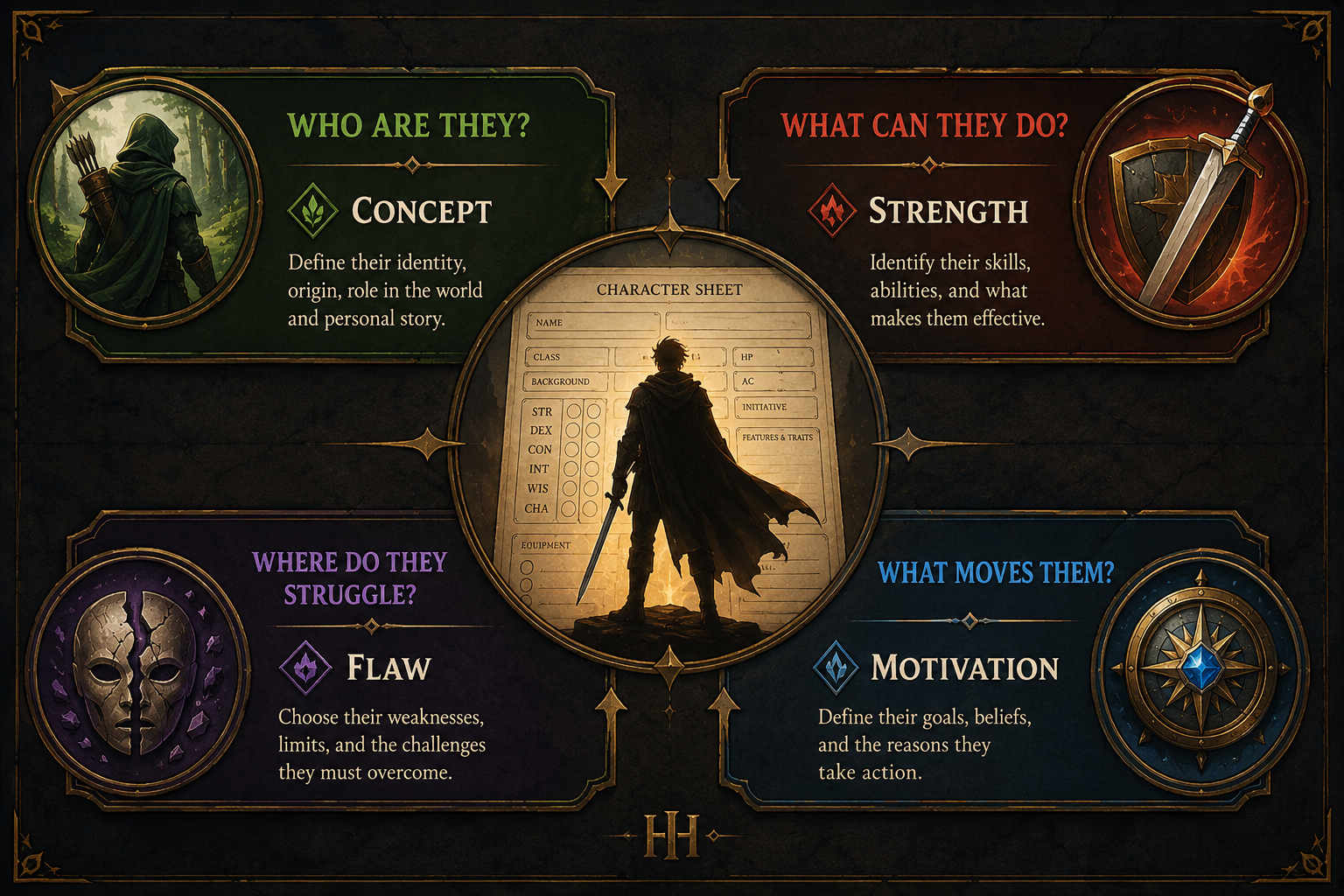 Four foundations for creating a tabletop RPG character: concept strengths flaws and motivation
