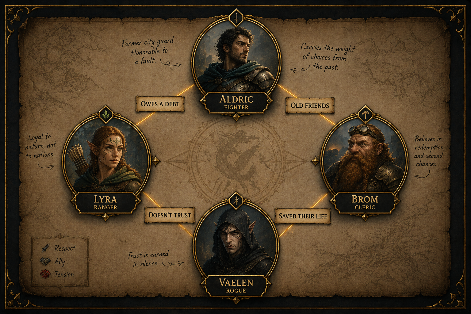 RPG character relationship map connecting members of an adventuring party