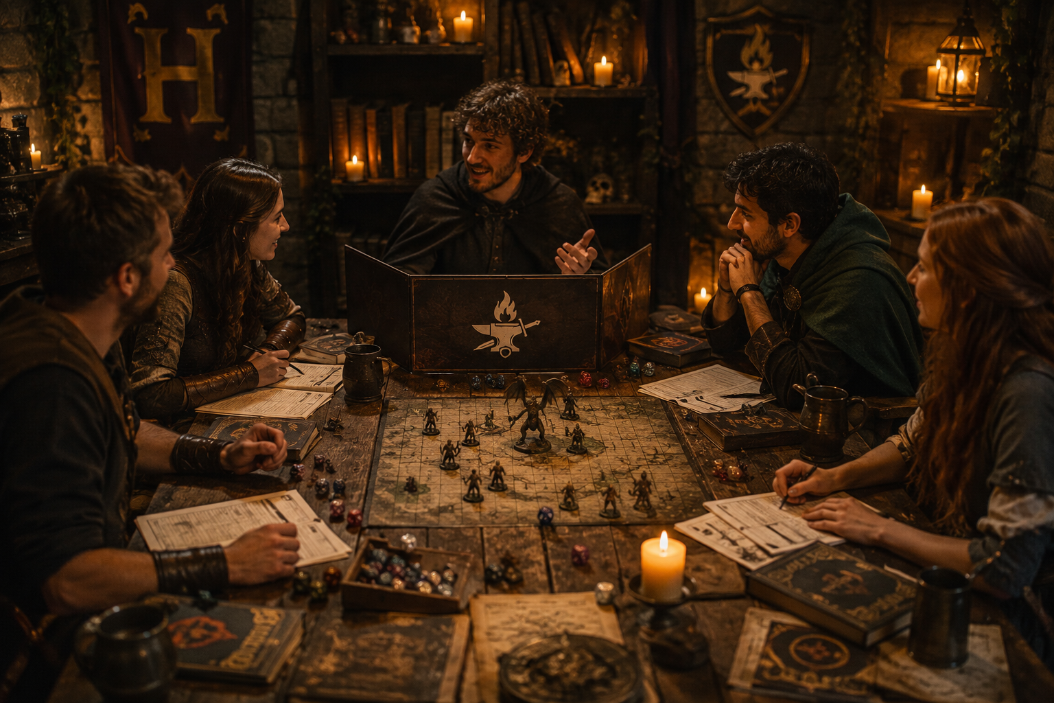 Friends playing a fantasy tabletop RPG with dice, miniatures and battle map