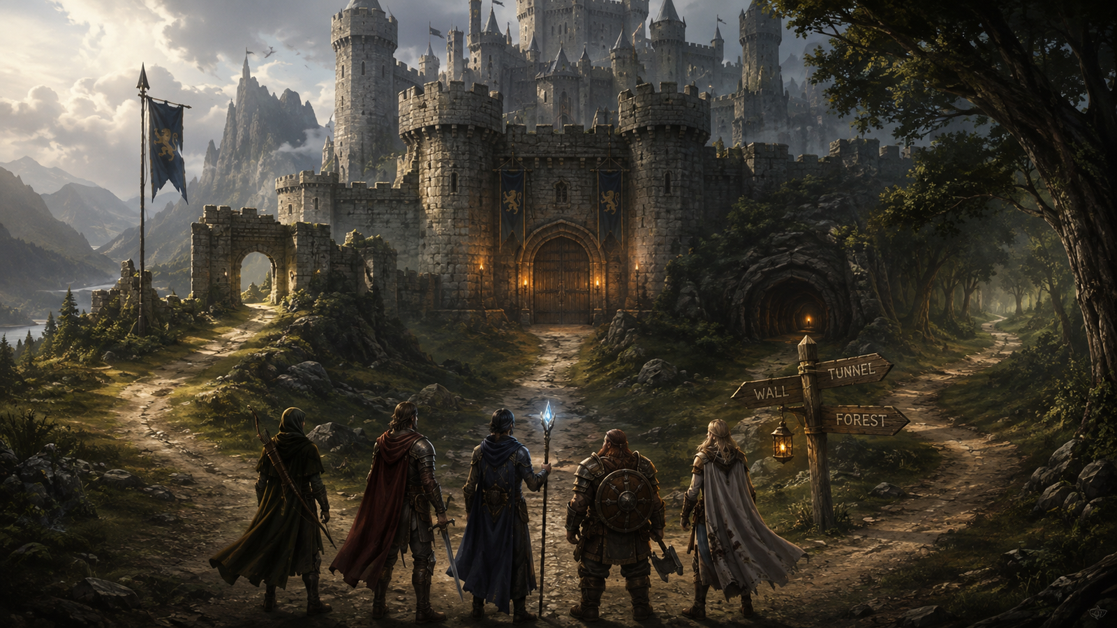 Fantasy adventurers choosing different ways to enter a castle in a tabletop RPG