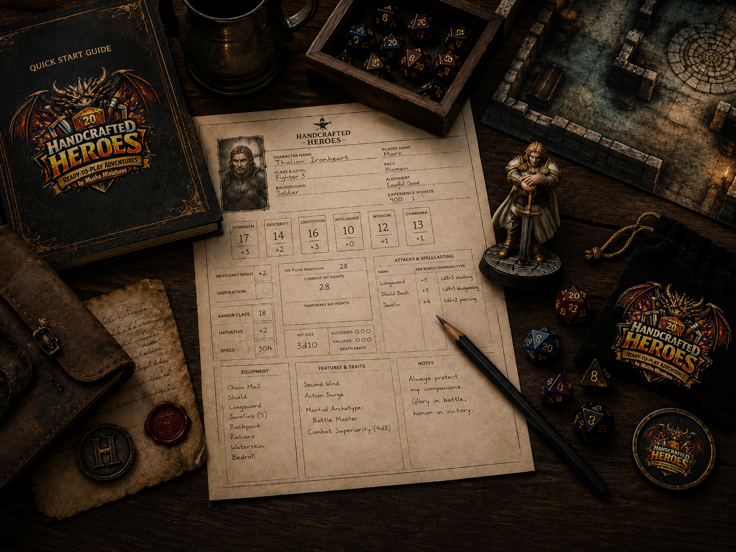 Dice, character sheet, miniature and battle map used to play tabletop RPGs