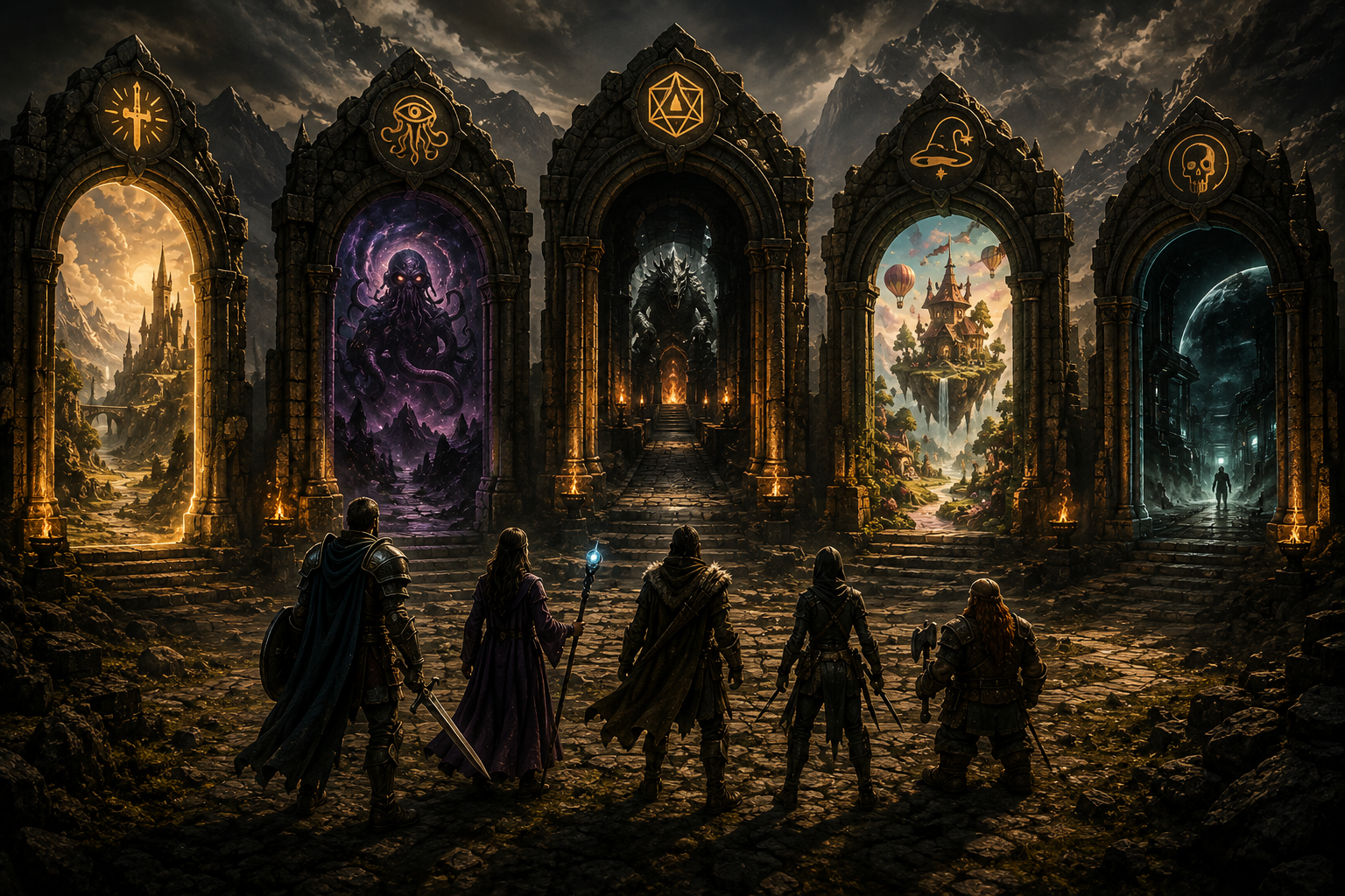 Different fantasy worlds representing tabletop RPG games for beginners