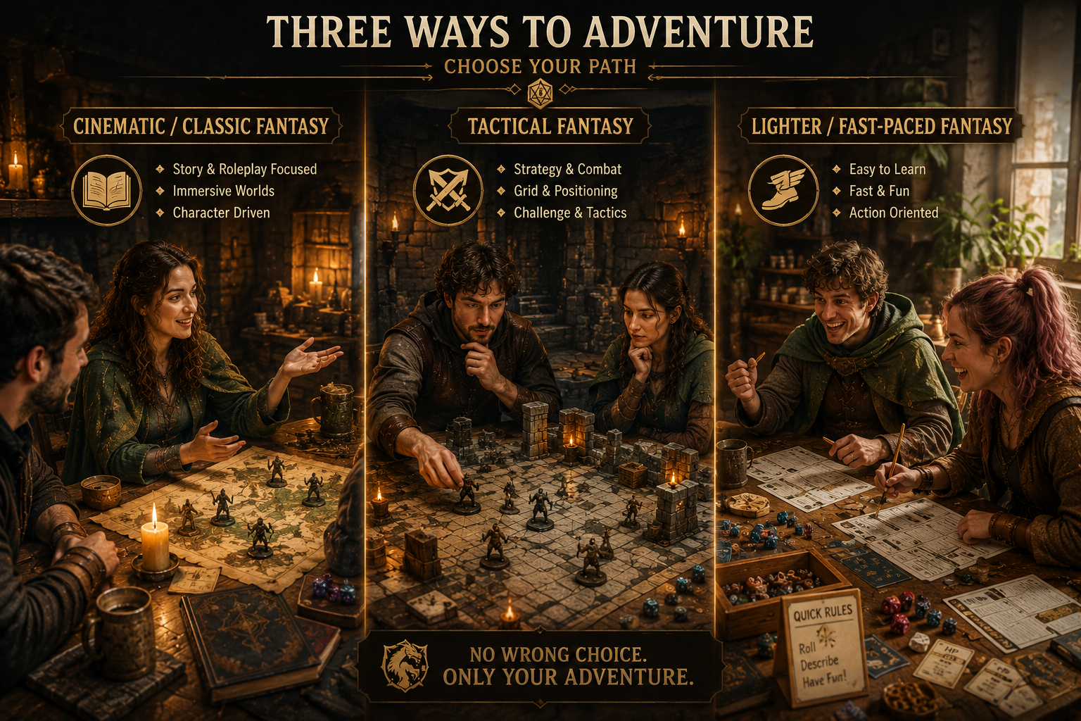Different styles of fantasy tabletop RPG games for new players