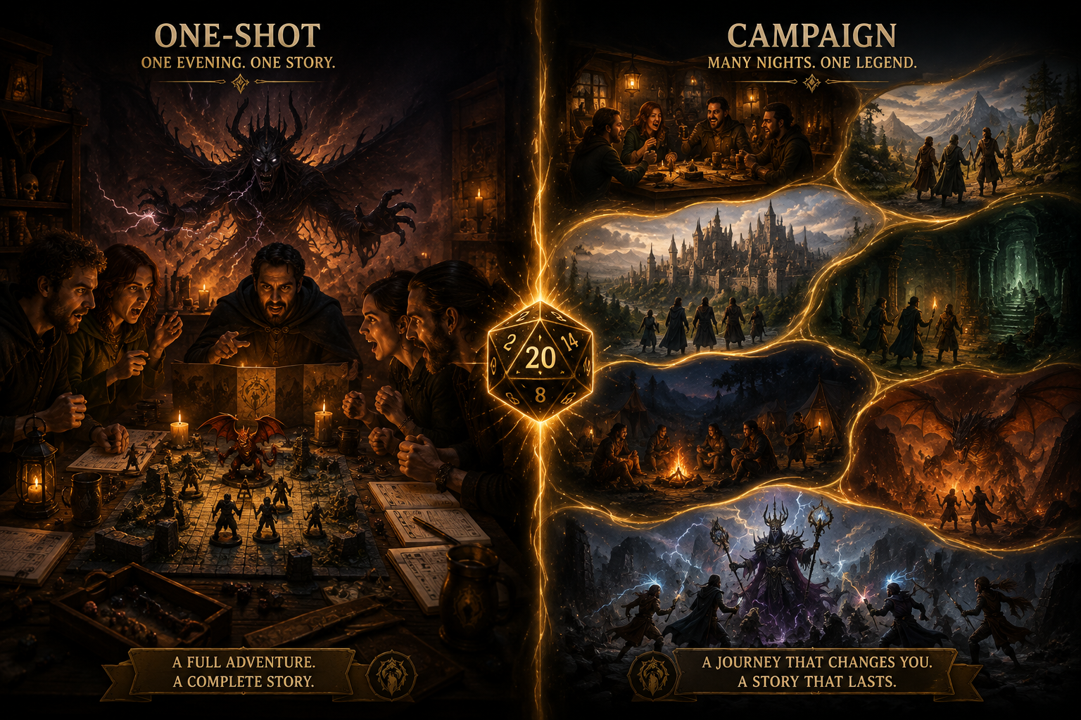 One-shot versus campaign tabletop RPG comparison showing a single adventure and a long-term story