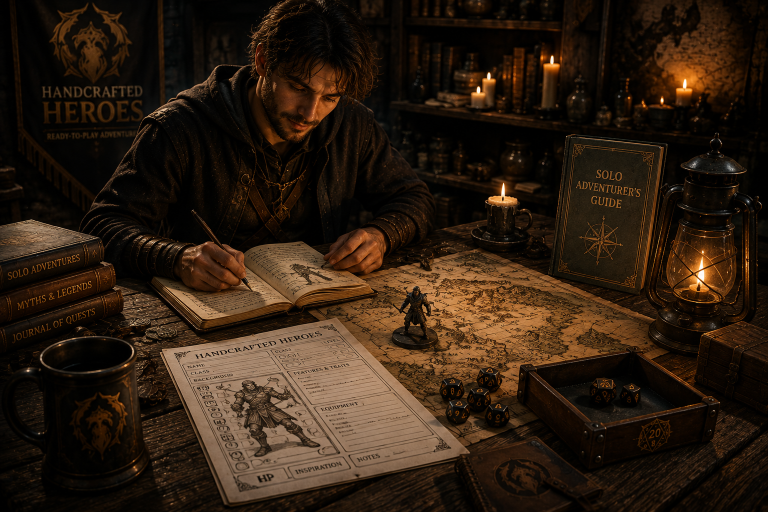 Player enjoying a solo tabletop RPG with dice journal and fantasy miniature