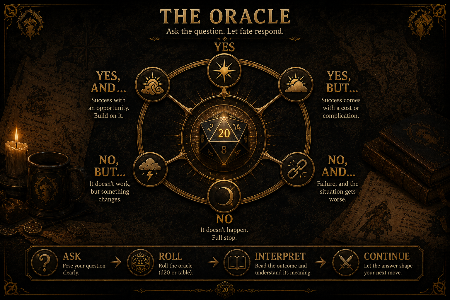Example oracle system used to answer questions in solo tabletop RPGs