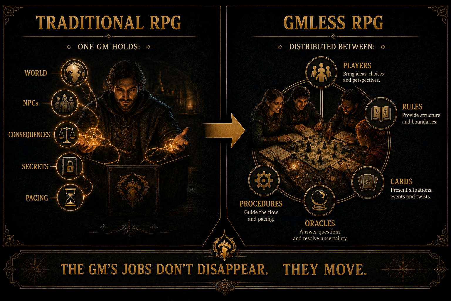 How Game Master responsibilities are distributed in a GMless RPG