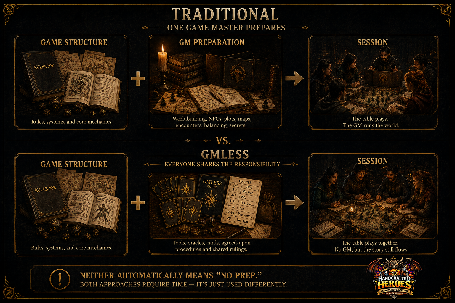 Difference between preparation in traditional and GMless tabletop RPGs