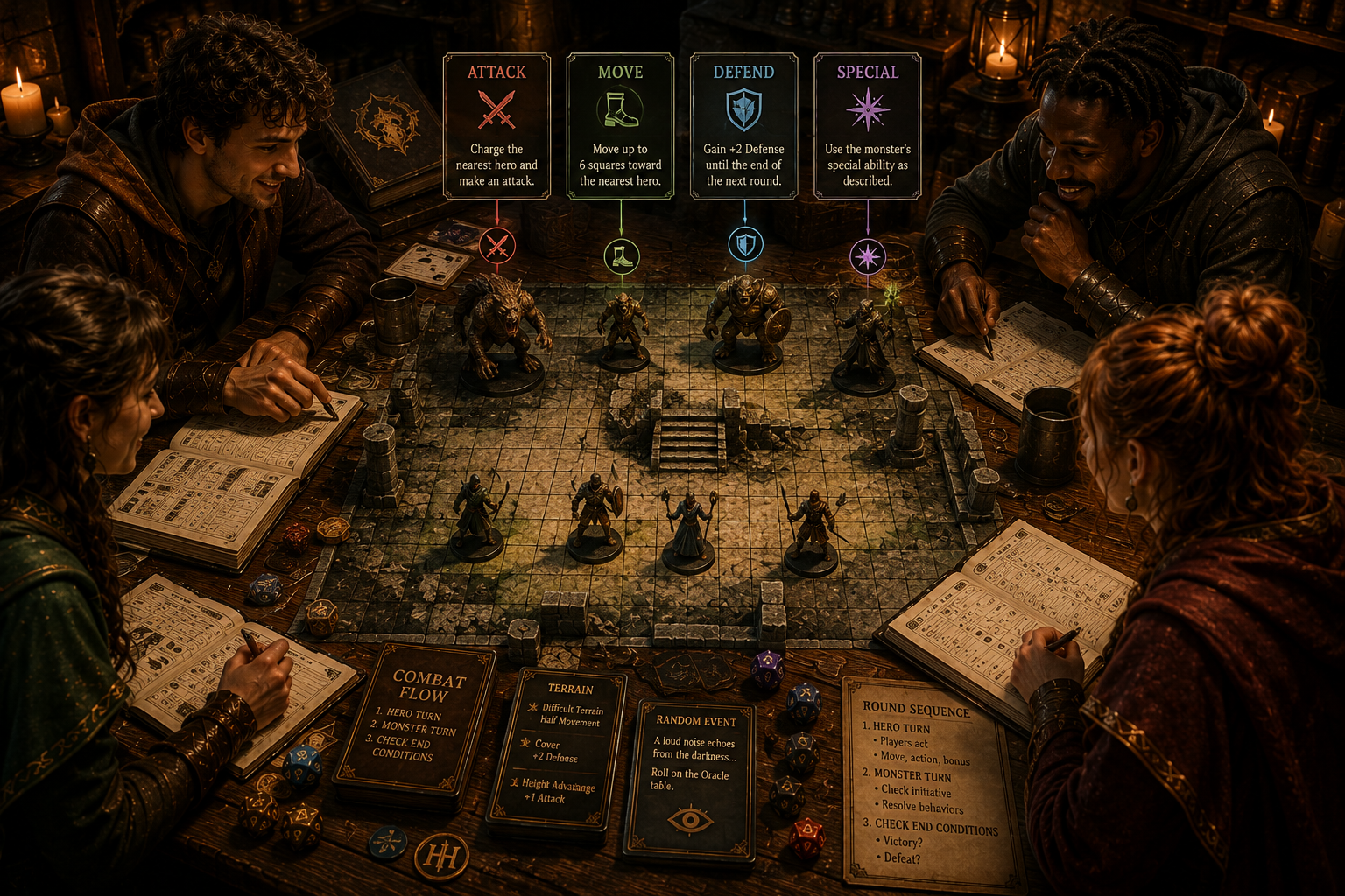 GMless tabletop RPG combat using automated enemy behavior and miniatures