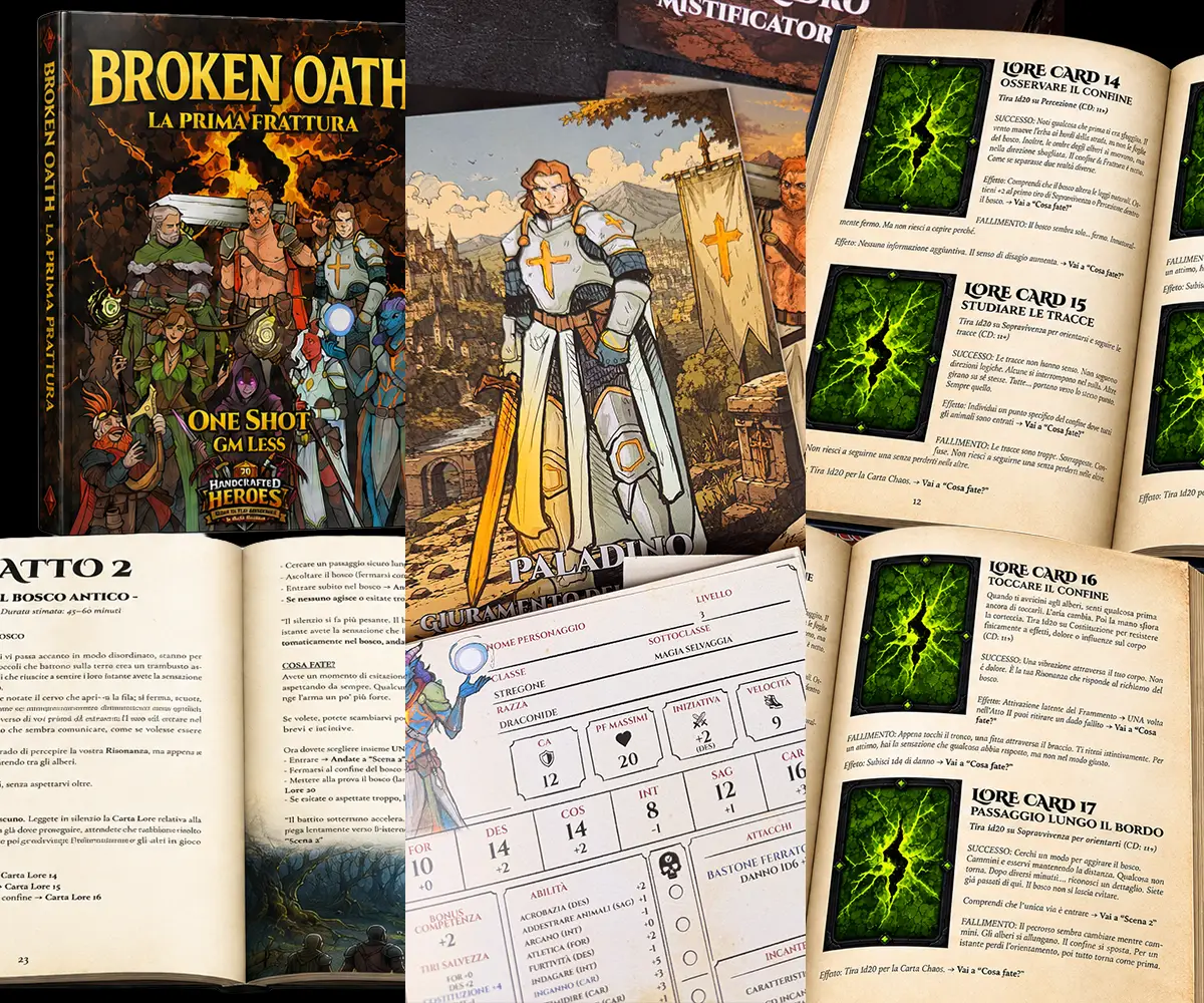 Broken Oath GMless adventure with adventure manual, Paladin character sheet and interactive Lore Cards