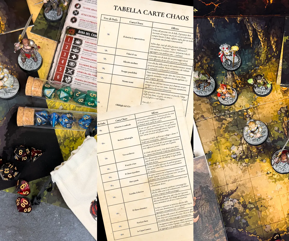 Broken Oath tabletop RPG gameplay with Chaos Cards, dice, hand-painted miniatures and battle map