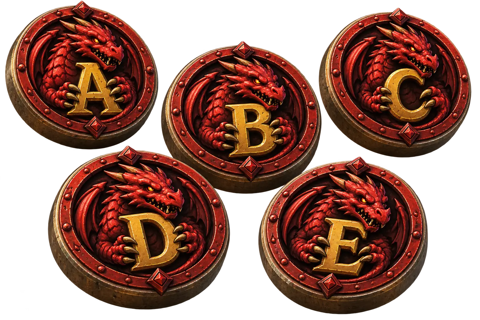 Five Broken Oath enemy tokens labeled A to E for identifying enemies during tabletop RPG combat