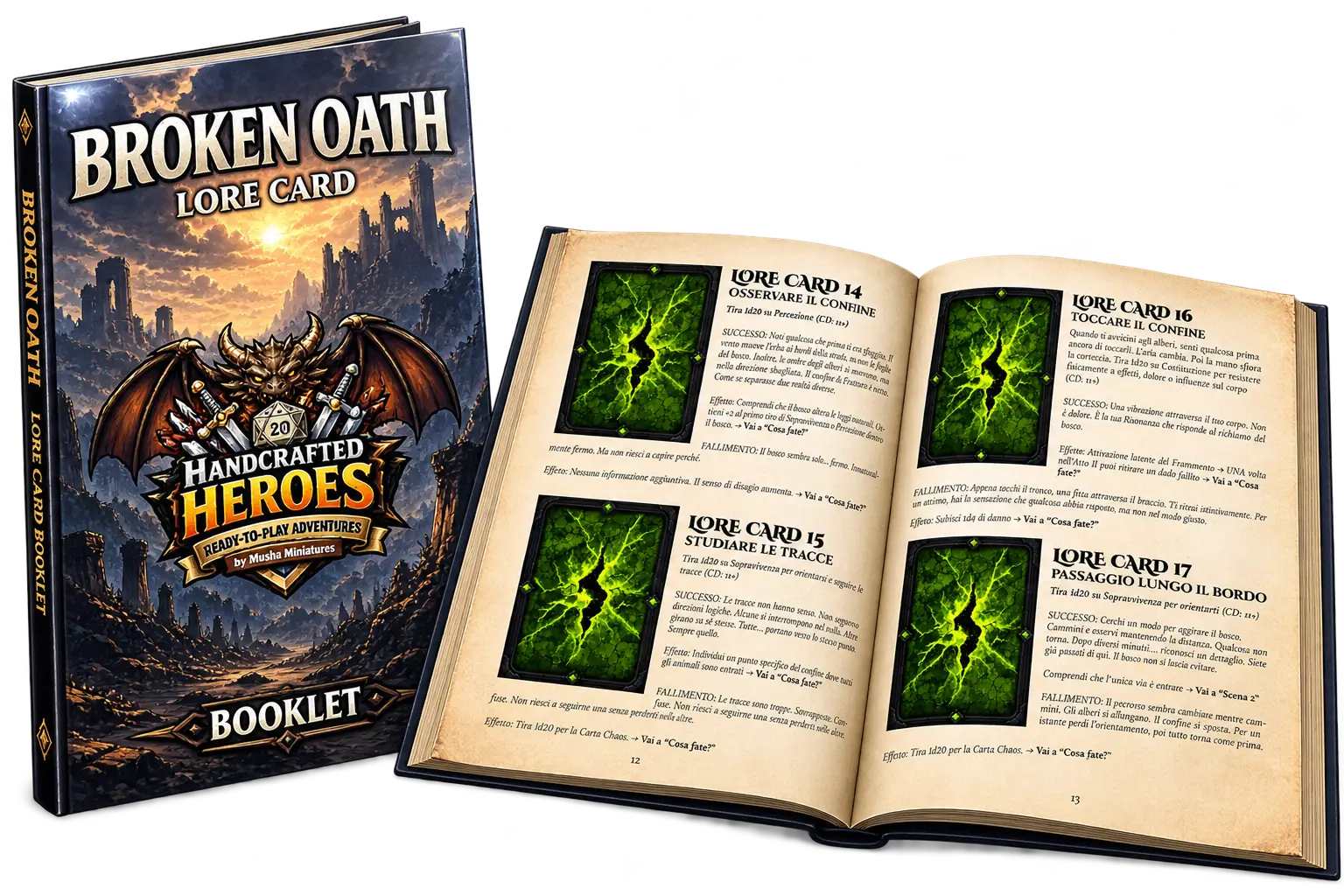 Broken Oath Lore Card booklet with interactive choices, skill tests and consequences for GMless gameplay