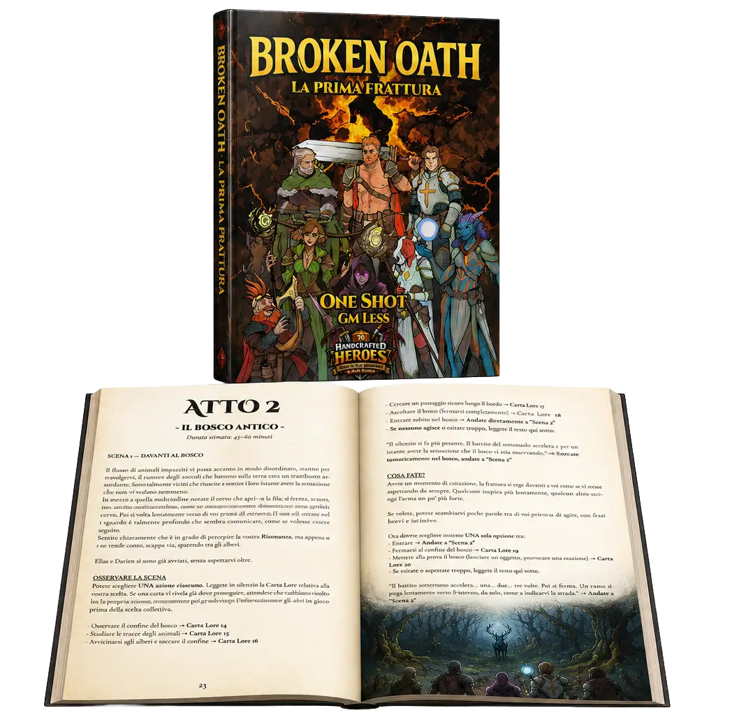 Broken Oath ready-to-play adventure manual with an open Act 2 scenario for the GMless tabletop RPG