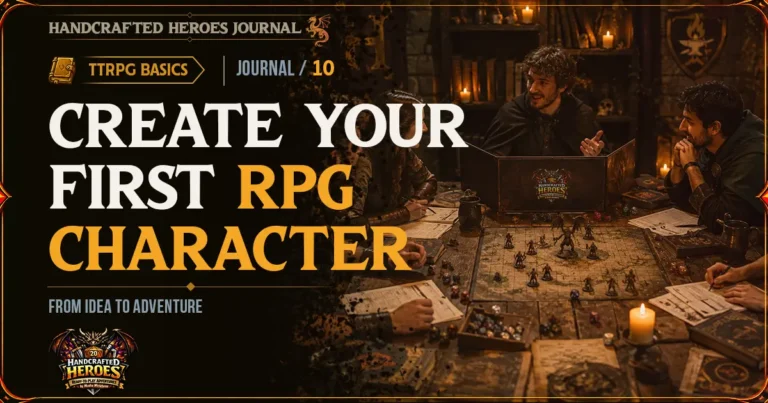 Handcrafted Heroes Journal #10 cover for How to Create Your First RPG Character, showing players around a fantasy tabletop RPG session