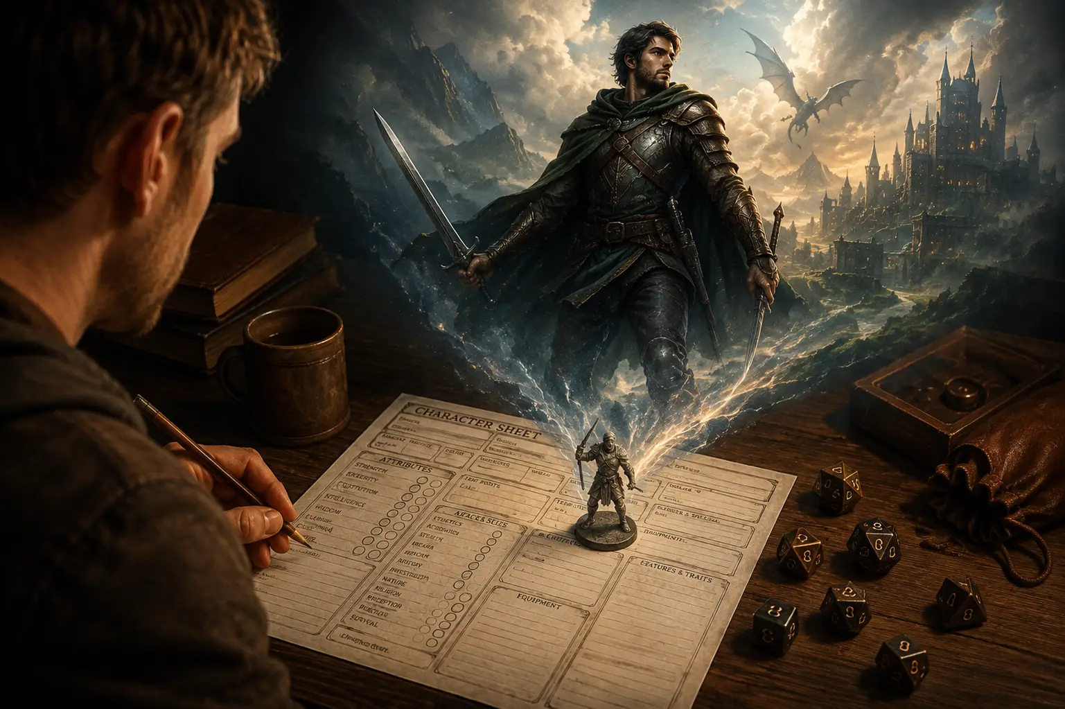 Player creating their first tabletop RPG character from a character sheet and fantasy hero concept