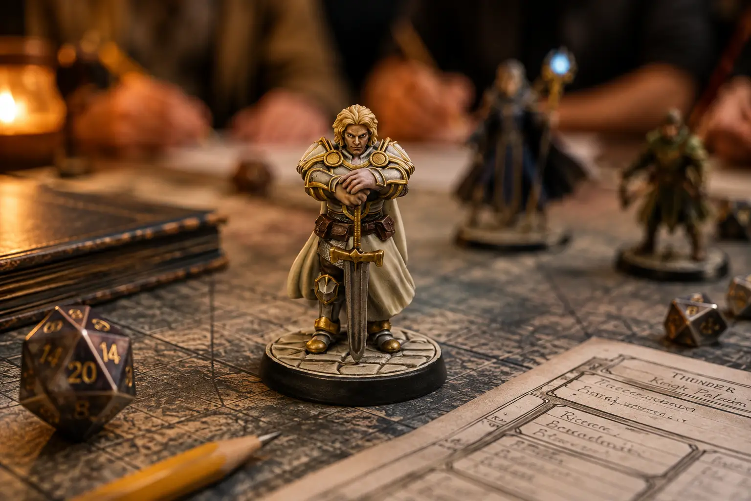 Fantasy fighter miniature on a tabletop RPG battle map beside dice and a character sheet