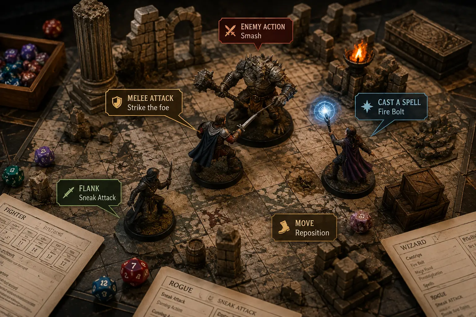 Fantasy tabletop RPG combat using painted miniatures on a battle map