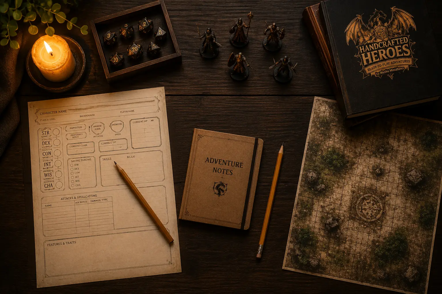 Simple tabletop RPG setup with dice, character sheets, miniatures and battle map