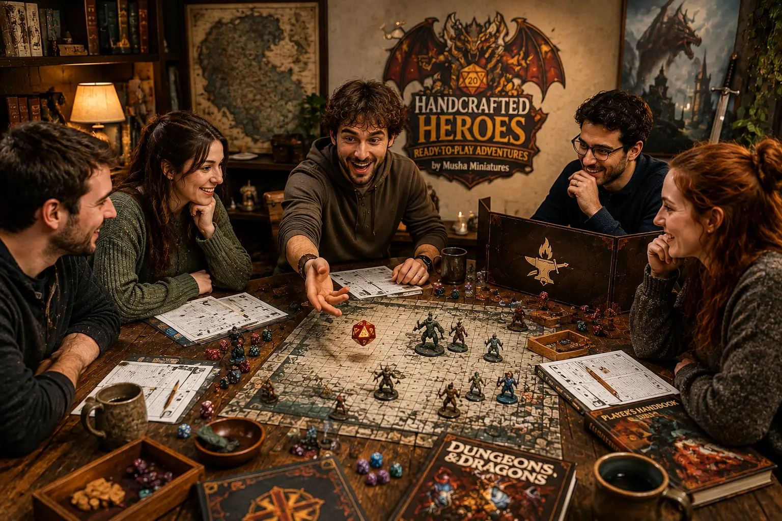 Beginners playing their first tabletop RPG session with dice and miniatures