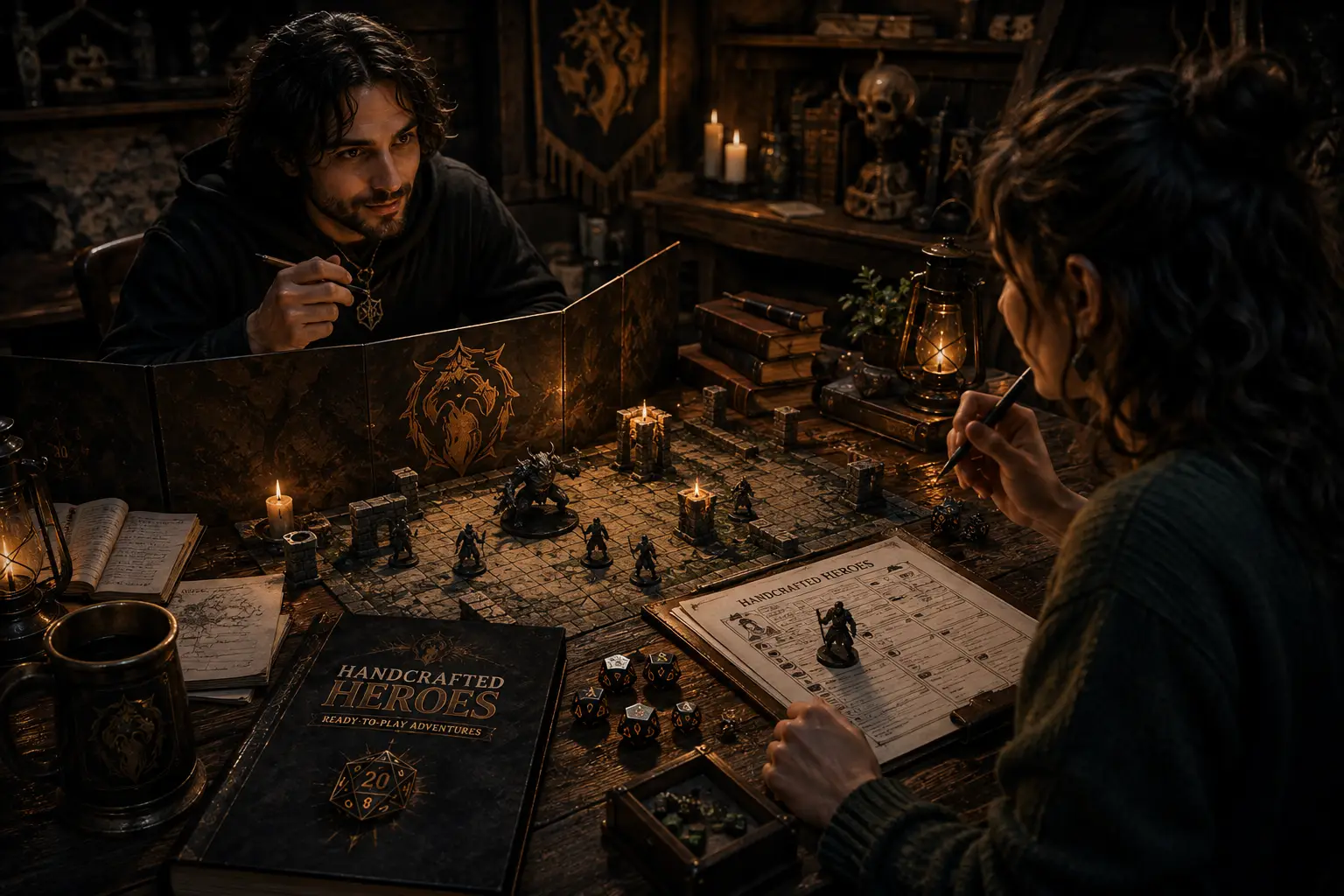 Two people playing a duet tabletop RPG with dice and miniatures